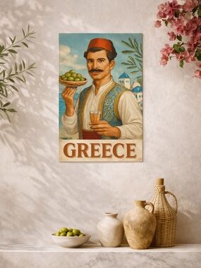 Greece Vintage Travel Metal  Print - Olive & Blue